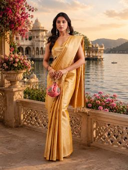 Kasee - Womens Yellow Art Silk Self Woven Motifs and Rich Pallu Saree with Unstitched Blouse