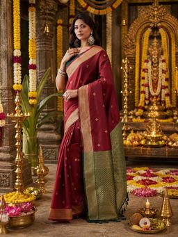 Kasee - Maroon Art Silk Gold Zari Buti and Olive Contrast Pallu Saree with Unstitched Blouse