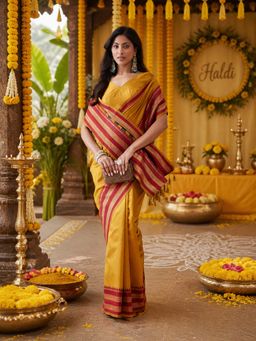 Kasee - Womens Mustard Yellow Art Silk Red Zari Striped Pallu Saree with Unstitched Blouse
