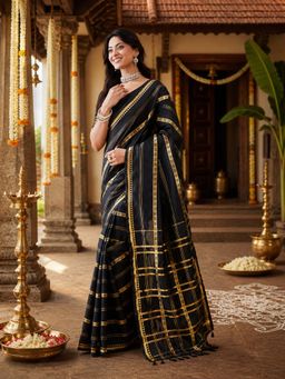 Kasee - Black Art Silk Gold Zari Stripes and Checked Pallu Saree with Unstitched Blouse