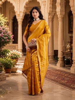 Kasee - Womens Mustard Art Silk Zari Stripes and Checked Pallu Saree with Unstitched Blouse