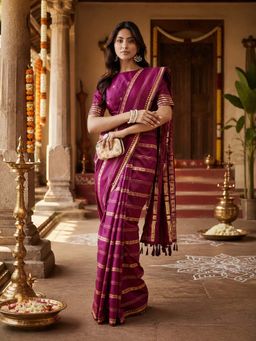 Kasee - Wine Purple Art Silk Gold Zari Stripes and Rich Pallu Saree with Unstitched Blouse