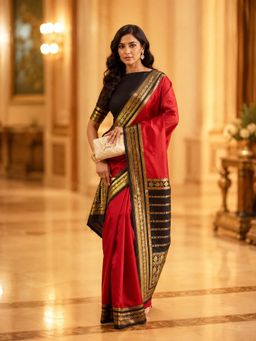 Kasee - Red Art Silk Black Zari Woven Border and Striped Pallu Saree with Unstitched Blouse
