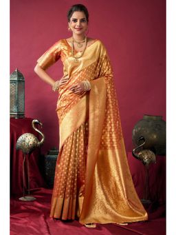 Mysilklove - Smashed Orange Handloom Tissue Silk Saree Without Blouse
