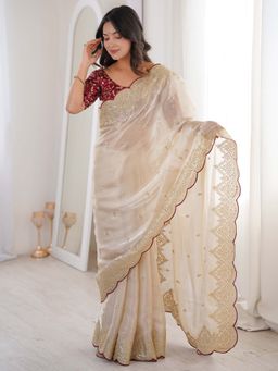 Sareemall - Satin Cream Embellished Saree with Unstitched Blouse