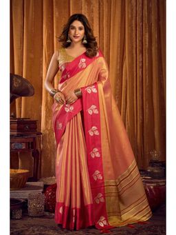 Mysilklove - Salmon Pink Woven Tissue Saree Without Blouse