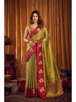 Mysilklove - Lime Green Woven Tissue Saree Without Blouse