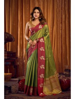 Mysilklove - Fern Green Woven Tissue Saree Without Blouse