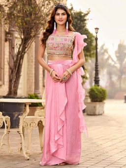 BC Balaji Creation - Light Pink Fendy Satin Readymade Saree with Sleeveless Square Blouse