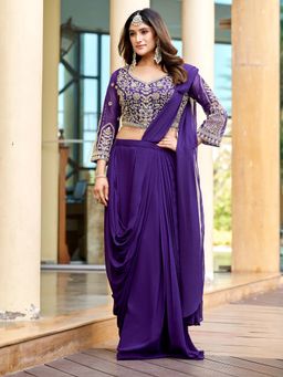 BC Balaji Creation - Purple Georgette Readymade Saree with 3/4 Sleeves Blouse Embroidery