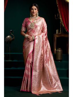 Mysilklove - Bubblegum Pink Banarasi Handloom Satin Soft Silk Saree with Unstitched Blouse