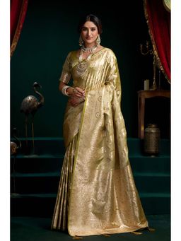 Mysilklove - Artichoke Green Banarasi Handloom Satin Soft Silk Saree with Unstitched Blouse