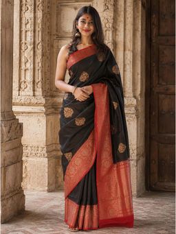 Anjaneya Sarees - Black Designer Banarasi Silk Kanjivaram Saree with Unstitched Blouse