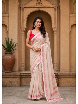 Anjaneya Sarees - Beige Designer Linen Printed Saree with Unstitched Blouse