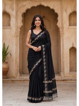 Anjaneya Sarees - Black Designer Linen Printed Saree with Unstitched Blouse