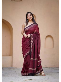 Anjaneya Sarees - Red Designer Linen Printed Saree with Unstitched Blouse