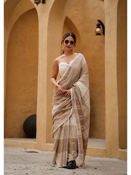Anjaneya Sarees - Brown Designer Linen Printed Saree with Unstitched Blouse