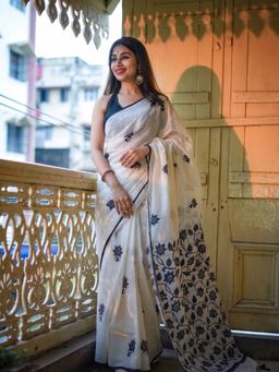 Anjaneya Sarees - White Designer Linen Printed Saree with Unstitched Blouse