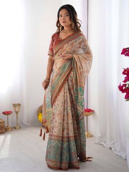 Anjaneya Sarees - Beige Designer Linen Printed Saree with Unstitched Blouse