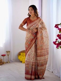 Anjaneya Sarees - Beige Designer Linen Printed Saree with Unstitched Blouse