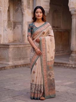 Anjaneya Sarees - Beige Designer Linen Printed Saree with Unstitched Blouse