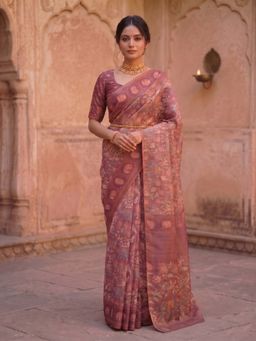 Anjaneya Sarees - Maroon Designer Linen Printed Saree with Unstitched Blouse