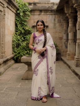 Anjaneya Sarees - White Designer Linen Printed Saree with Unstitched Blouse