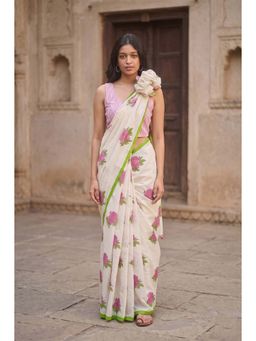 Anjaneya Sarees - White Designer Linen Printed Saree with Unstitched Blouse