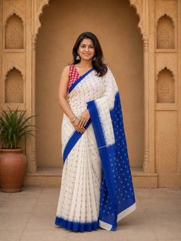 Anjaneya Sarees - White Designer Linen Printed Saree with Unstitched Blouse