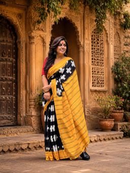 Anjaneya Sarees - Black Designer Linen Printed Saree with Unstitched Blouse