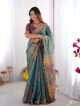 Anjaneya Sarees - Teal Designer Linen Printed Saree with Unstitched Blouse