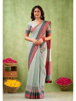 Anjaneya Sarees - Teal Designer Linen Printed Saree with Unstitched Blouse