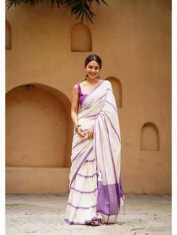 Anjaneya Sarees - White Designer Linen Printed Saree with Unstitched Blouse