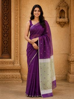 Anjaneya Sarees - Purple Designer Cotton Silk Kanjivaram Saree with Unstitched Blouse