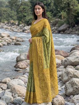 Sareemall - Cotton Olive Printed Saree with Unstitched Blouse