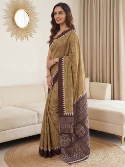 Sareemall - Cotton Brown Printed Saree with Unstitched Blouse