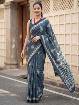 Sareemall - Cotton Teal Blue Printed Saree with Unstitched Blouse