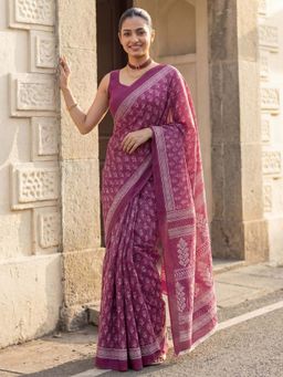 Sareemall - Cotton Magenta Printed Saree with Unstitched Blouse