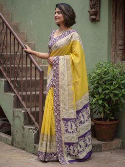 Sareemall - Cotton Yellow Printed Saree with Unstitched Blouse