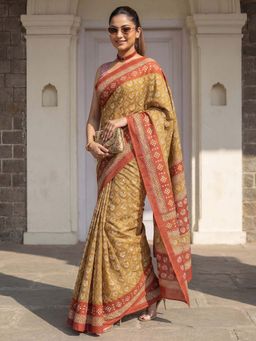 Sareemall - Cotton Brown Printed Saree with Unstitched Blouse