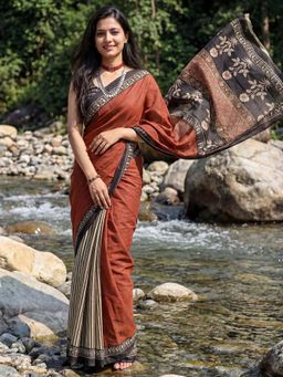 Sareemall - Cotton Rust Printed Saree with Unstitched Blouse
