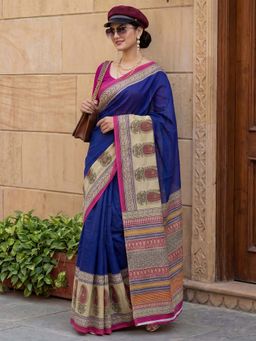 Sareemall - Cotton Blue Printed Saree with Unstitched Blouse