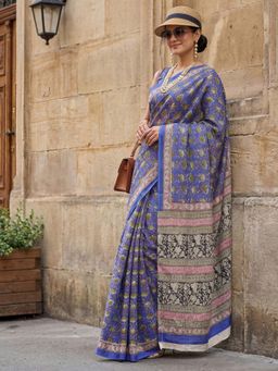 Sareemall - Cotton Blue Printed Saree with Unstitched Blouse