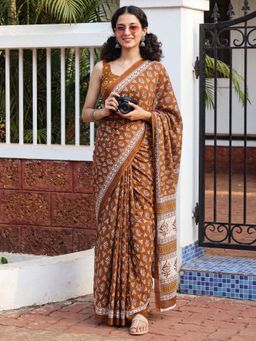 Sareemall - Cotton Brown Printed Saree with Unstitched Blouse