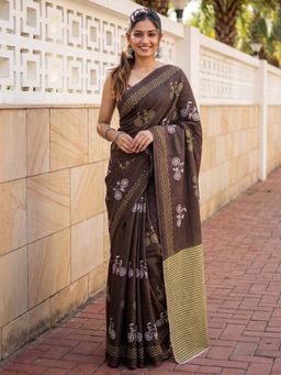 Sareemall - Cotton Coffee Brown Printed Saree with Unstitched Blouse