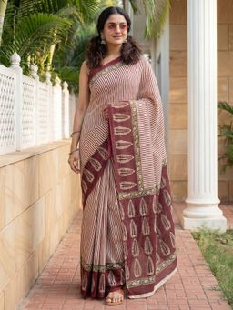 Sareemall - Cotton Brown Printed Saree with Unstitched Blouse