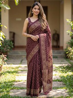 Sareemall - Cotton Maroon Printed Saree with Unstitched Blouse