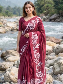 Sareemall - Cotton Burgundy Printed Saree with Unstitched Blouse