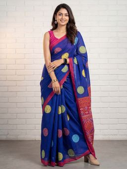 Sareemall - Cotton Blue Printed Saree with Unstitched Blouse