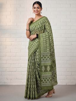 Sareemall - Cotton Olive Printed Saree with Unstitched Blouse